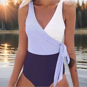 Cupshe Women One Piece Swimsuit Medium Purple Colorblock V-Neck  Wrap Tie Cheeky